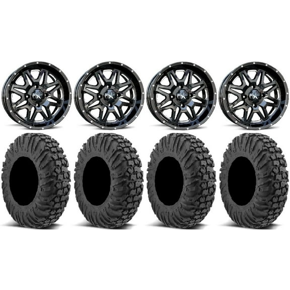MSA Black Vibe 14" UTV Wheels 27" MotoVator Tires Yamaha Viking Wolverine YXZ1000R CFMoto ZForce 950 UForce 1000
