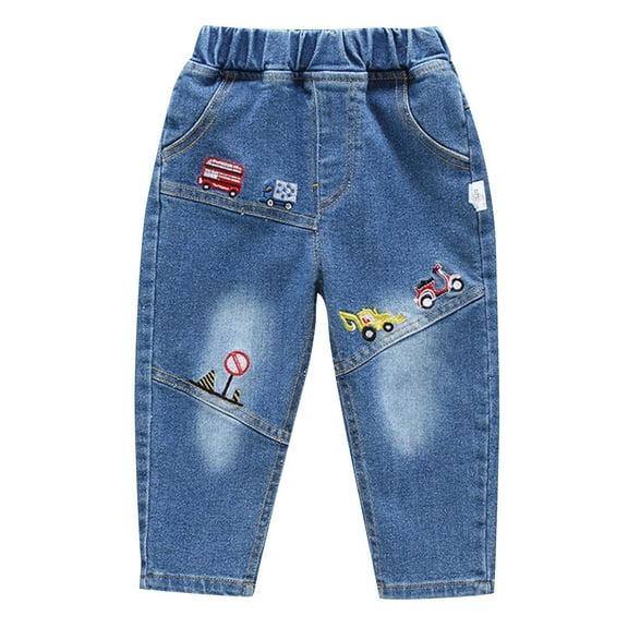 Toddler Boys Jeans Car Embroidered Demin Pants Elastic Waist Jean Trousers with Pocket Loungewear Blue,3 Years