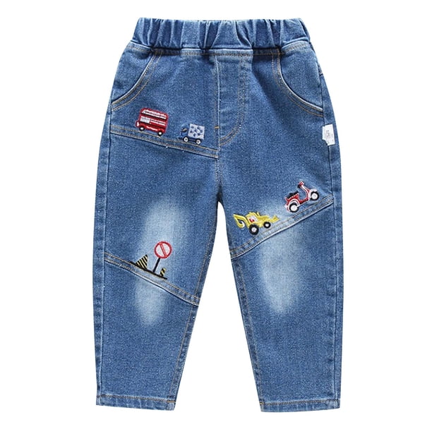 Odeerbi 2-10 Años Niños Niñas Pantalones Vaqueros Bordados Camión Excavadora Cintura Media Vaqueros Con Bolsillo