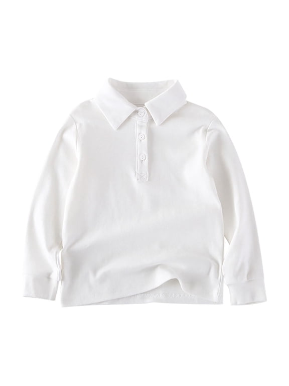 Cotton Blouse for Infant Baby and Little Children Solid Color Lapel Long Sleeve 1/4 Button Shirt 18 Months-8 Years