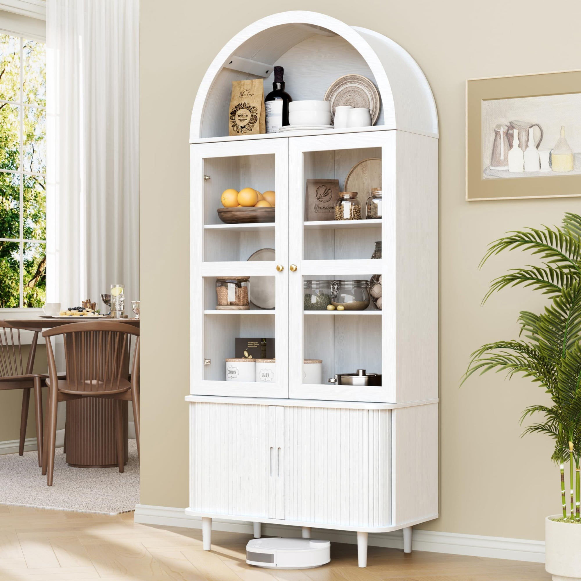 71 Inch Arched Cabinet with Glass Sliding Doors, Fluted Tall Pantry Cabinet with Adjustable Shelves, White