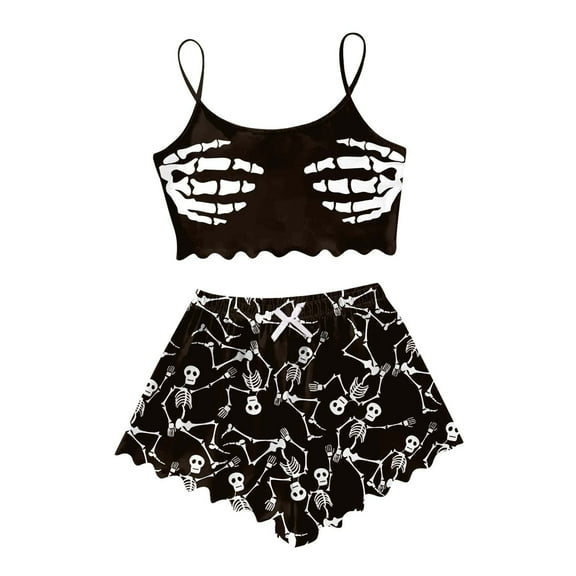 Ulitacool Pajamas For Womens Halloween Pumpkin Skeleton Pattern Camisole Pjs 2 Piece Pjs Set Sleeveless Vest Shorts Set Festival Charm Sleepwear Nightwear Coffee L