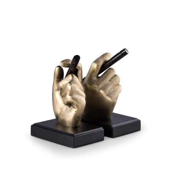 Antique Brass Cigar in Hand Bookends on Black Wood Base.