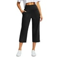 thumbnail image 3 of 3 Packs Lightweight Crop Capri Pants Women Wide Leg Elastic Waist Office Cropped Pants High Rise Plus Size Hiking Gaucho Pants Black 2XL, 3 of 5