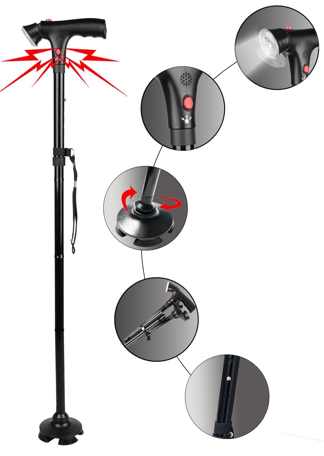 Deluxe Comfort Multi Function Cane and Walking Stick with Led Flashlight - Lightweight Collapsible Aluminum - Flashing Red Alert Lights & Emergency Siren - Safety Aid - Cane, Black