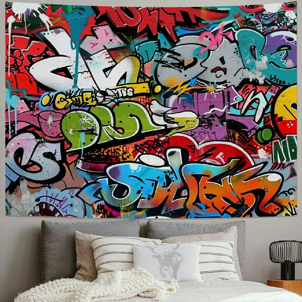 Hippie Graffiti Tapestry For Bedroom, Hip Hop Music Rap Art Colorful Small Tapestries Wall Hanging College Dorm Living Room Office Cool Trippy 80s 90s Mens Guys Teen Boys Decor 60X40" Poster