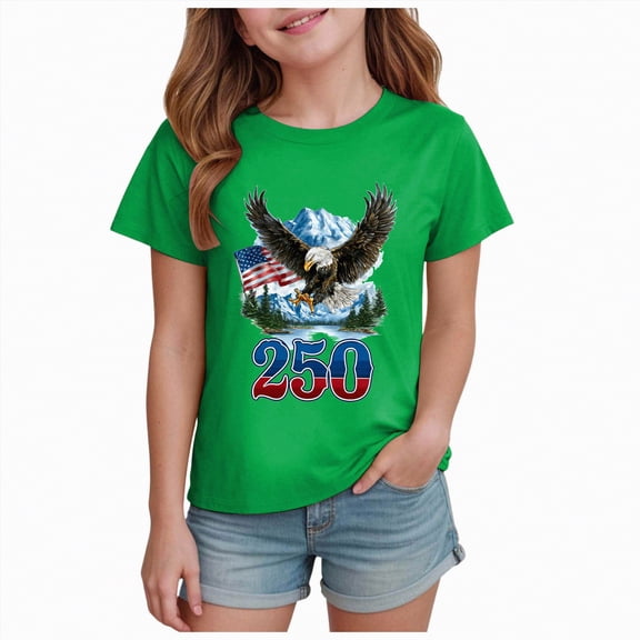 Yindaity Fourth Of July Shirts for Girls Boys 4th of July Shirt Girls Red White and Blue Patriotic American Flag Graphic Kids USA Independence Day Outfit(Green,7-8 Years)