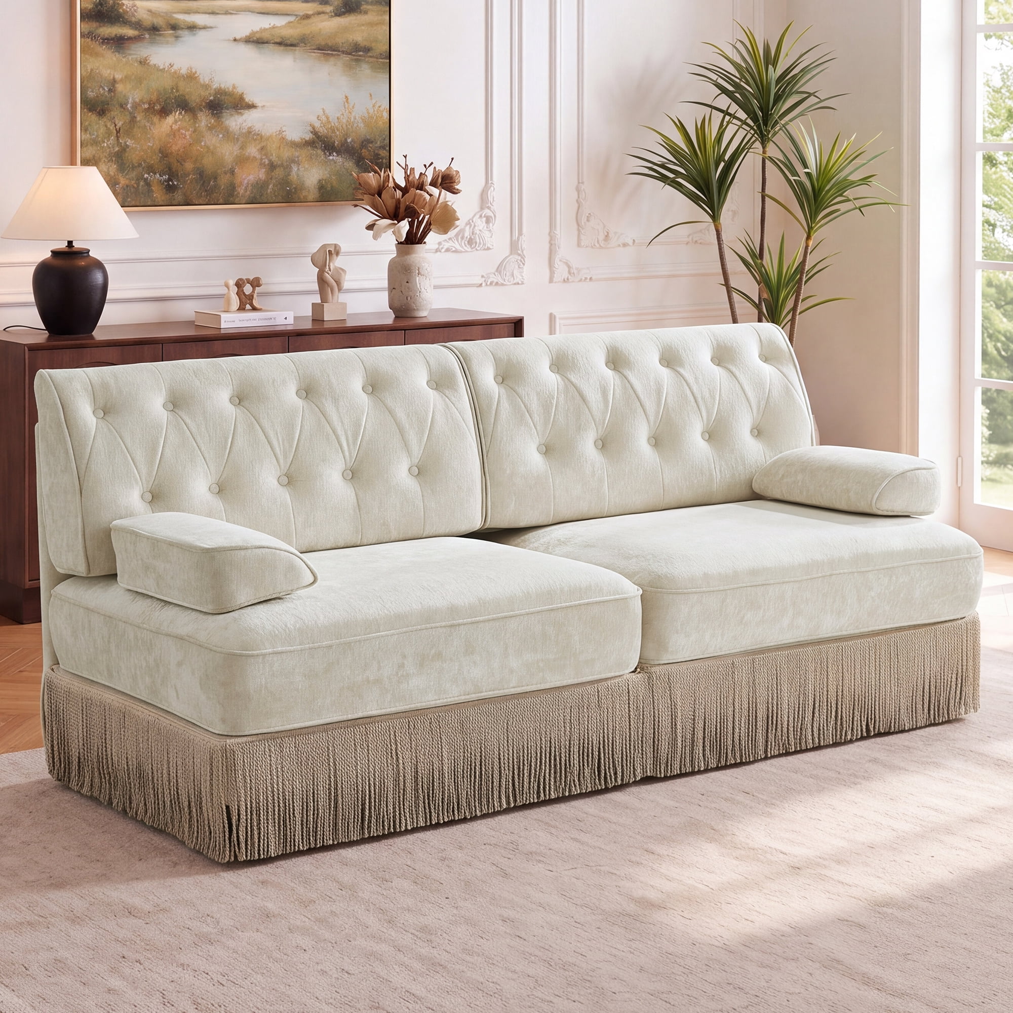 76" Velvet Chesterfield Loveseat Sofa, Button Tufted Design, Tassel Fringe Skirt, Easy to Assemble