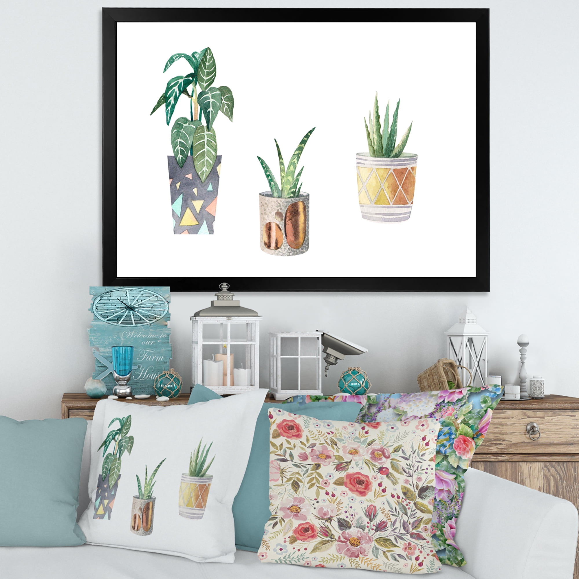 Designart 'Three Potted Houseplants On White' Traditional Framed Art Print