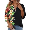 thumbnail image 2 of Yrmaups Casual 3/4 Sleeve Zip T Shirt for Women, Floral Loose Fit V Neck Top, Soft Breathable Tee for Beach Daily Summer Wear, Black 2XL, 2 of 5