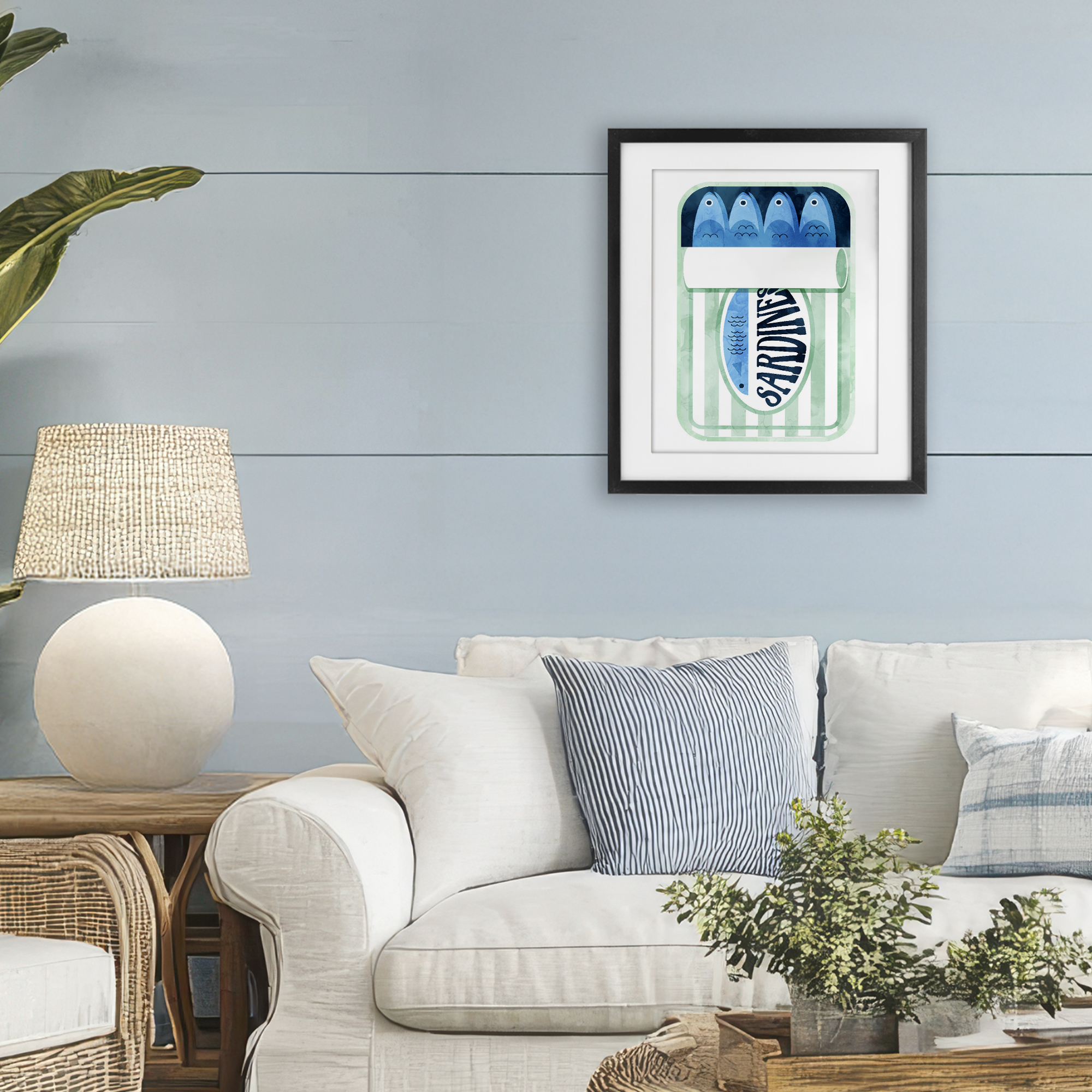 Green Stripe Sardine Tin Black Framed Print Under Glass, design by Daphne Polselli
