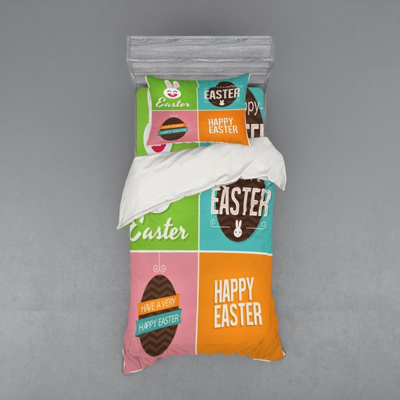 Easter Duvet Cover Set, Checkered Squares Pattern with Colorful Digital Designs Simplistic Minimalist Image, Bedding Set with Shams and Fitted Sheet, 3 Sizes, by Ambesonne