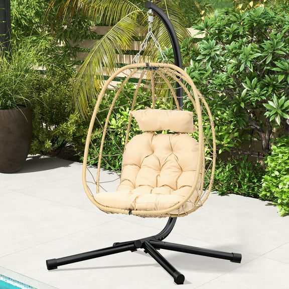 Dextrus Hanging Egg Swing Chair with Stand Egg Chair Wicker Indoor Outdoor Hammock Egg Chair with Cushions 330lbs for Patio, Bedroom, Garden and Balcony, Yellow (Stand Included)