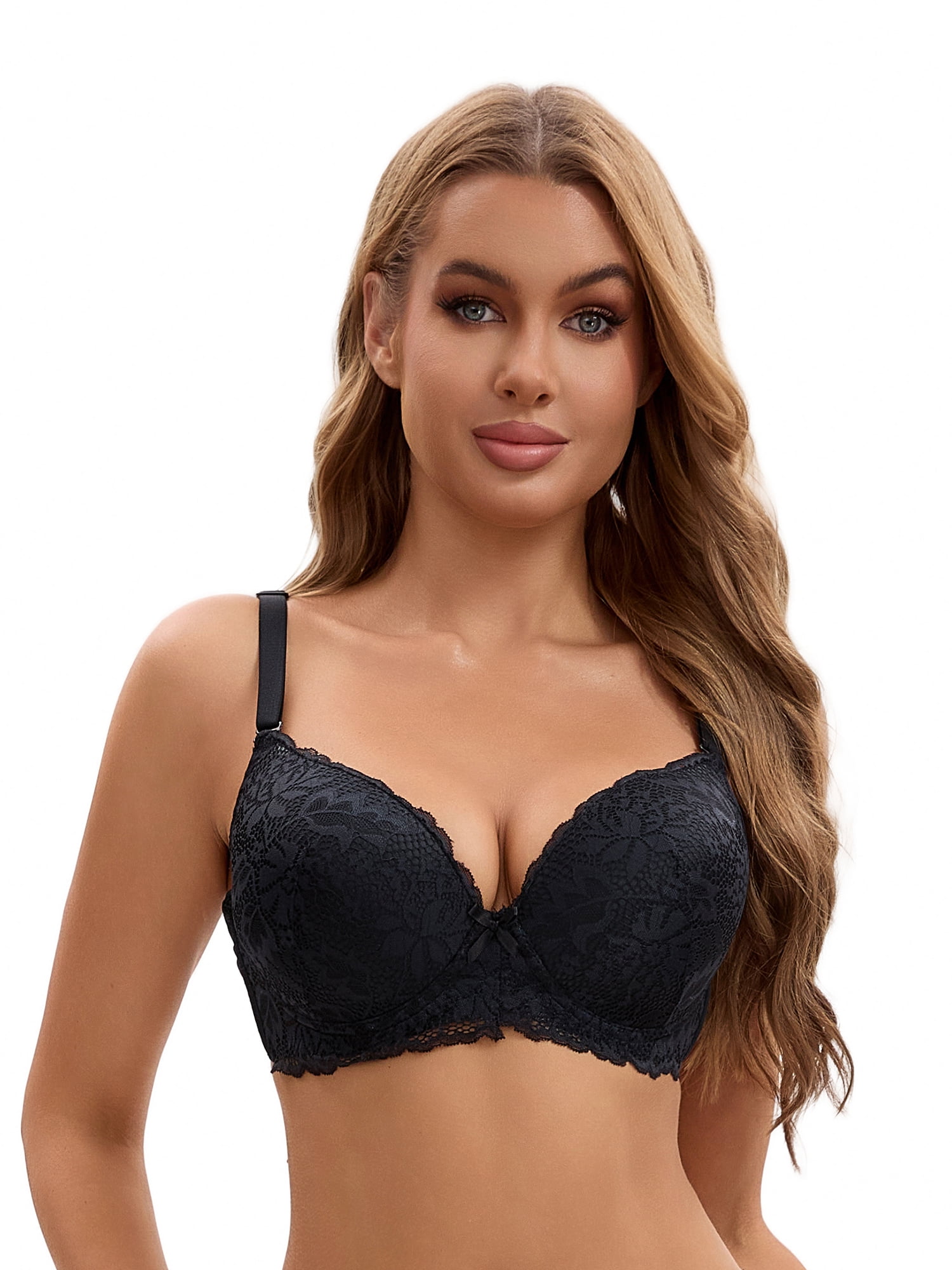 Unique Bargains Lace Push Up Bras 3 Pcs D 44 Blue/Wine Red/Black