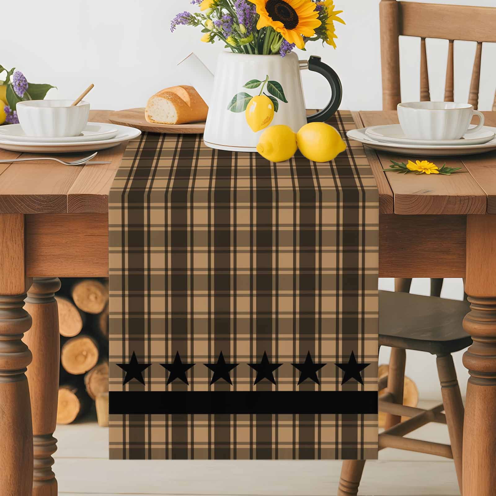 Vintage Black Star on Buffalo Checkered Table Runner 90 Inches Long, Western Farm Table Runners Tabletop Scarf Kitchen Dining Tables Decoration for Home Party Indoor Outdoor