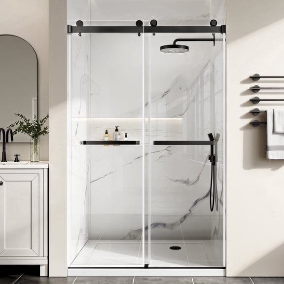 44-48 " W X 76 " H Double Sliding Frameless Shower Door 5/16" Tempered Glass, Stainless Steel Hardware, Matte Black