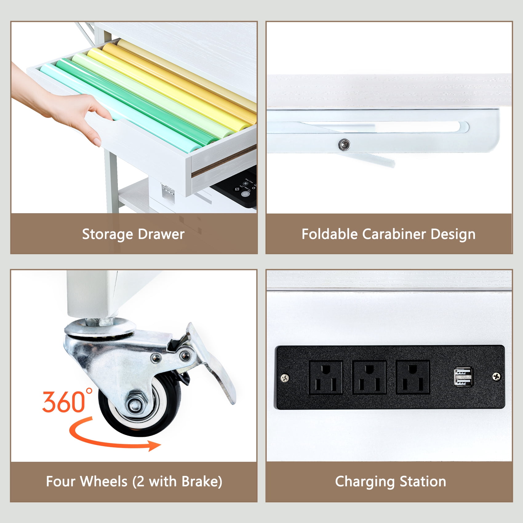 TC-HOMENY Foldable Heat Press Machine Stand w/ Charging Station, Mobile Heat Printer Cart w/ 3-Tier Storage & Drawer, Movable Heat Transfer Machine Workbench, White
