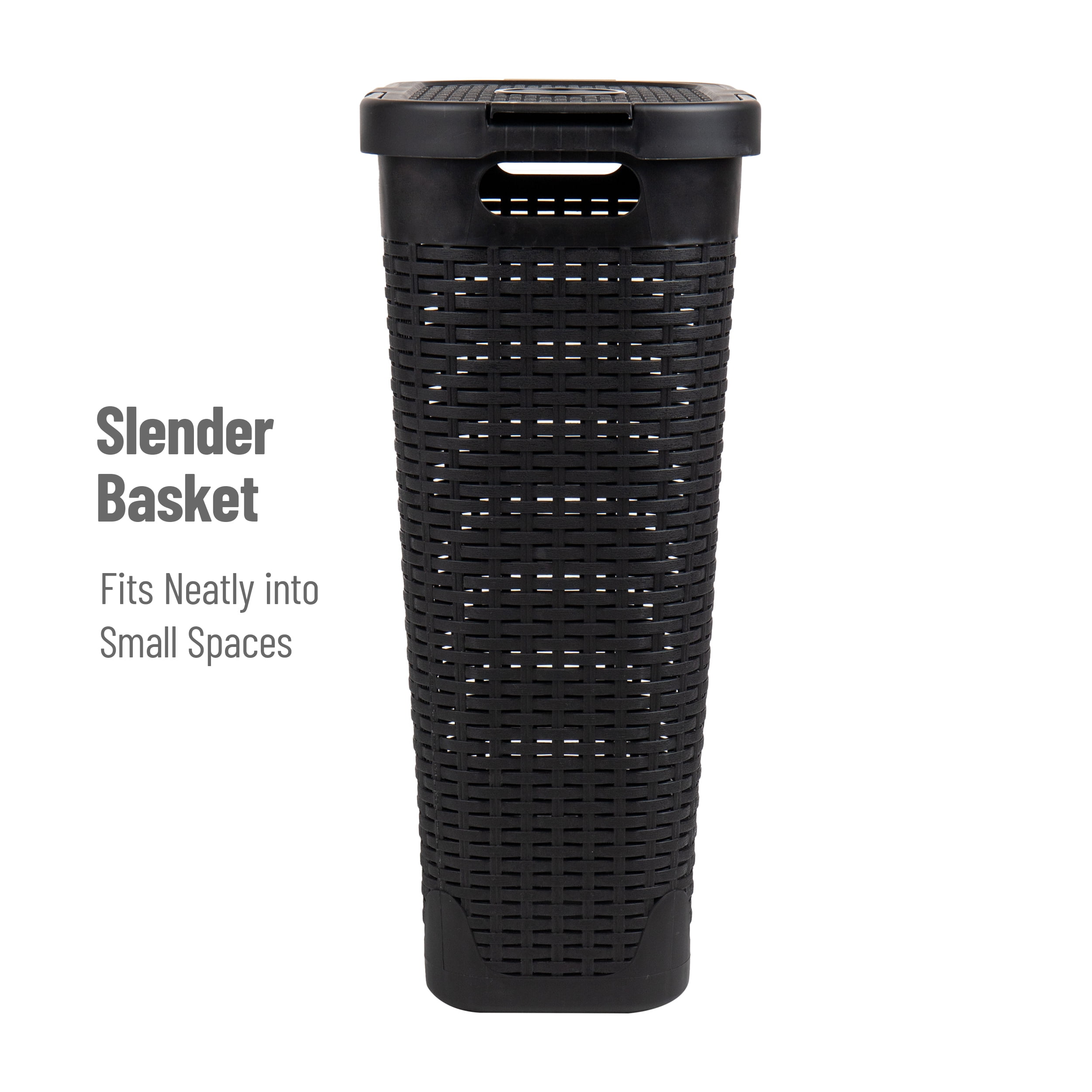 Mind Reader 40L Slim Laundry Hamper, Lid, Wicker Design, Plastic, 18"L x 10.4"W x 23.5"H Adult, Black
