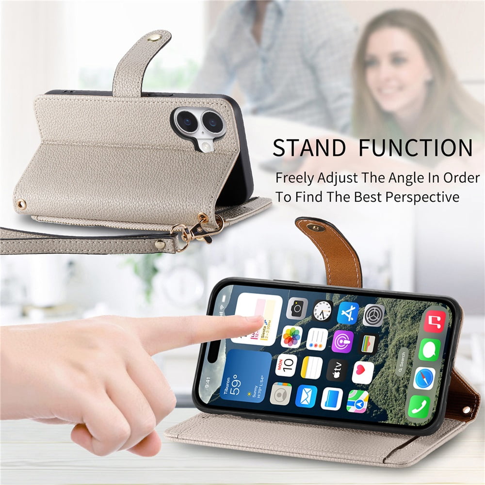 For iPhone 17 Pro Max Leather Phone Case Wallet Zipper Pocket Pouch Folio Flip Cover Kickstand, Multi Anti-theft Card Holder Cash Slot, Double Magnetic Buckle, Wrist Lanyard,Gray