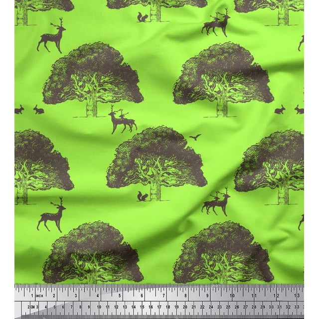 Soimoi Poly Georgette Fabric Tree,Rabbit & Reindeer Animal Decor Fabric Printed Yard 42 Inch Wide