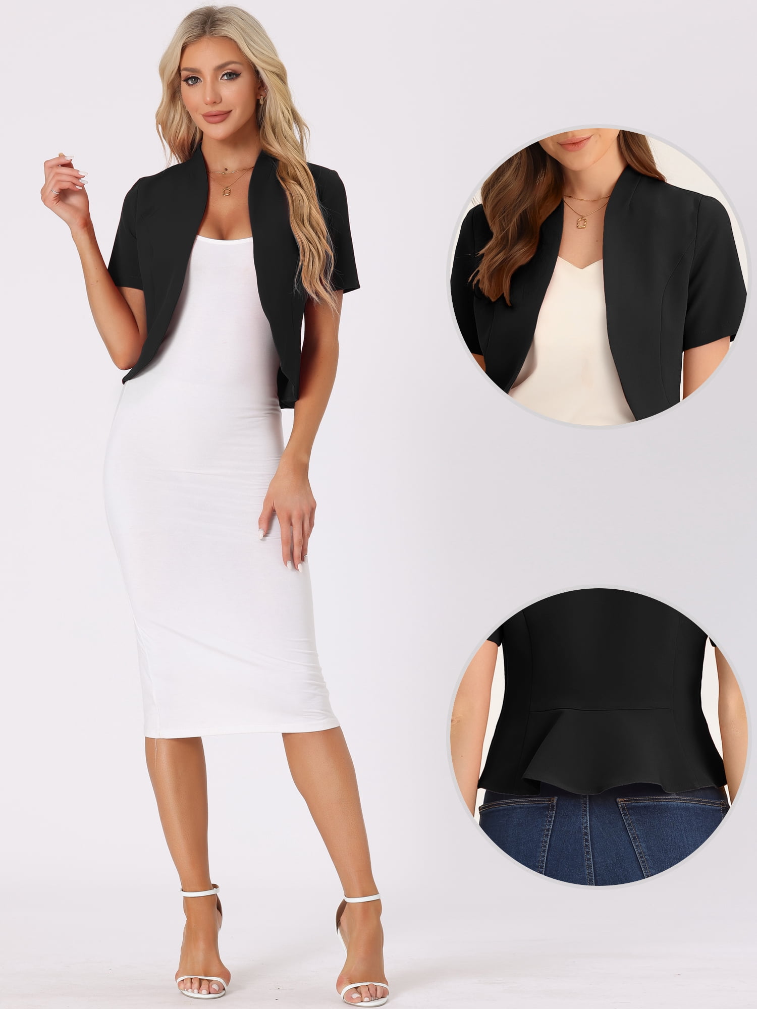 DARING DIVA Women's Business Blazer 3/4 Sleeve Collarless Cardigan XS Black