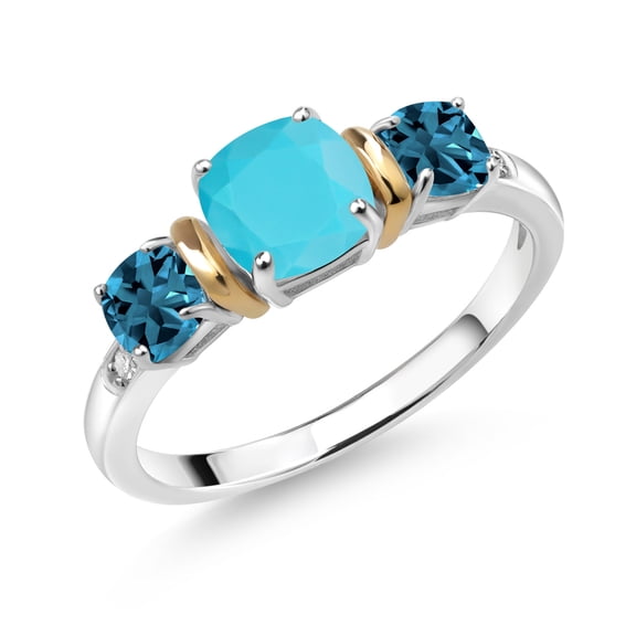 Gem Stone King 1.63 Ct Green Turquoise London Blue Topaz 925 Silver and 10K Yellow Gold Diamond 3-Stone Ring (Size 8)