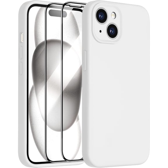 Compatible with iPhone 15 Case,Upgrade Liquid Silicone,with 2× Screen Protector[Enhanced Camera Protection][Scratch-Resistant Soft Microfiber Lining] Slim Cover Phone Cases (White)
