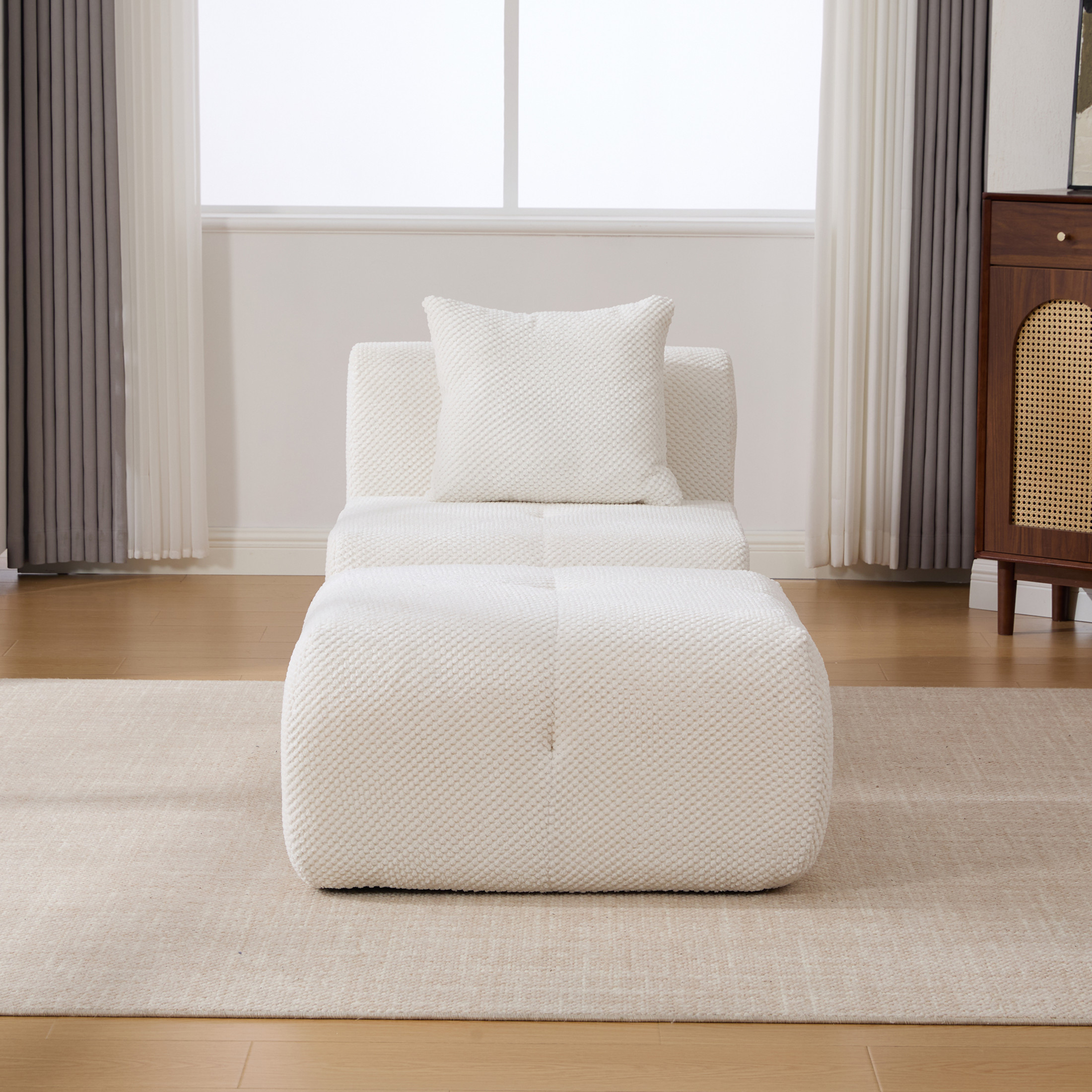 Noble House Kingston 31" Modular Cloud Accent Chair with Ottoman, Modern Fuzzy Sofa Soft Lounger with Footstool, Ivory