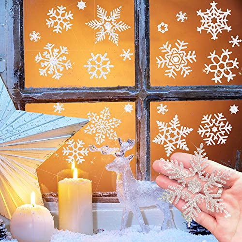 5 Xmas Christmas Glitter Window Decorations Static Cling Stickers Festive Snow 