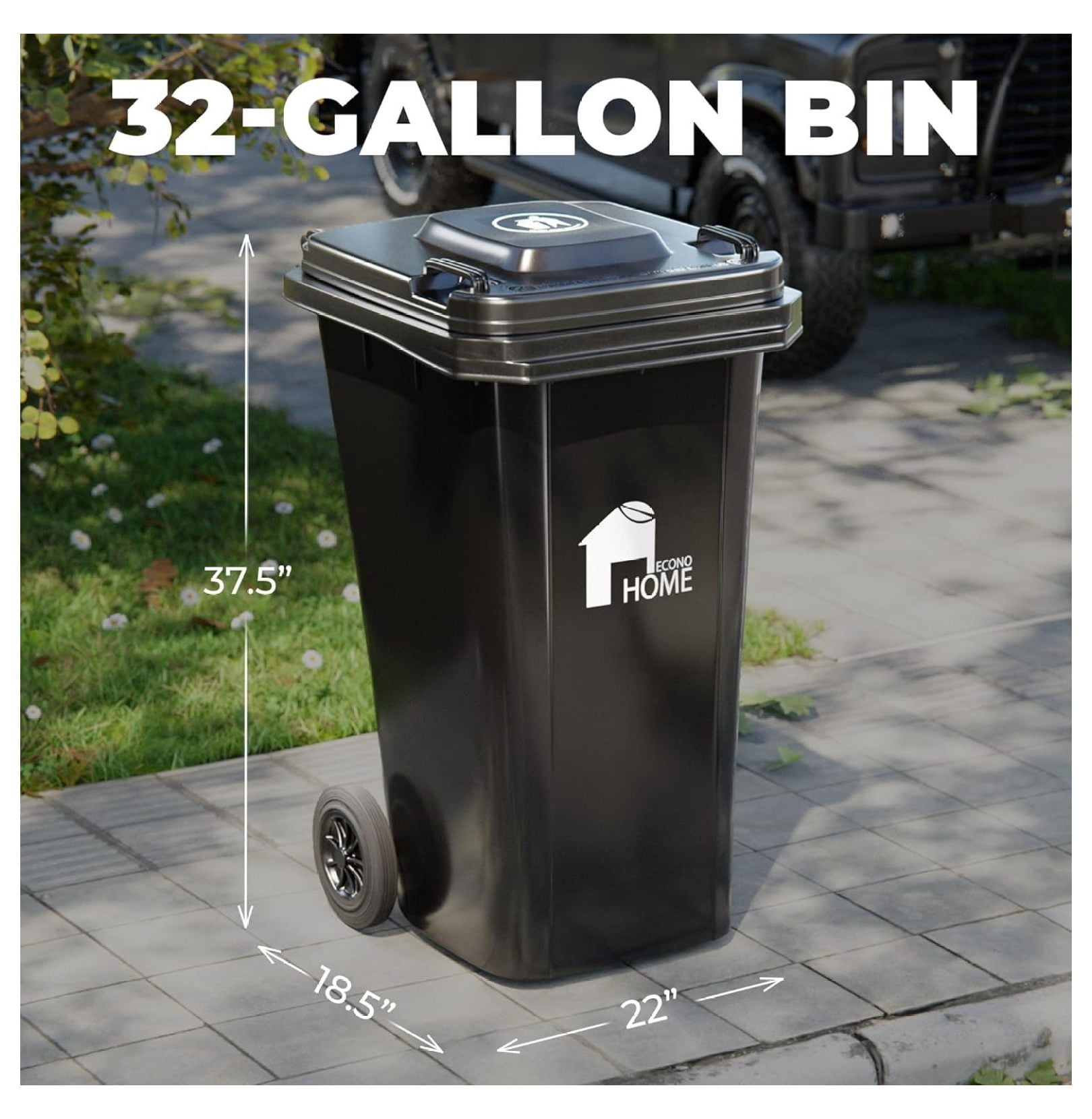 Outdoor Garbage Can with Lid - 32 Gallon Trash Can for Backyard, Deck, Garage - Dual Wheels, Extra Heavy-Duty, Durable Handle - Versatile Home & Storage Container - Black, 2-Pack