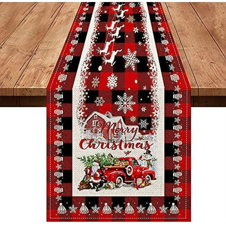 

Christmas Table Runner Winter 72 Inches Long Burlap Linen Holiday Xmas Theme Red Truck Buffalo Plaid Snowflake Snowman Farmhouse Rustic Coffee Dining Party Outdoor Santa Tree Christmas Ta