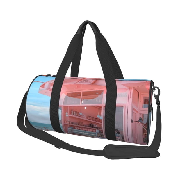 Fotbe Pastel Pink Beach Cafe Bolsa Deportiva de Lona Plegable con Estampado, Bolsa de Gimnasio con Bolsillo Seco/Húmedo, Bolsa de Viaje Ultraligera de Gran Capacidad