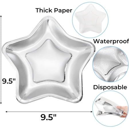 JUNXIAO-100 Pack Star Shape Paper Plates 9.5 Inches Thick Pentagram Dinnerware Plate Silver Twinkle Star Dessert Plates Bulk Disposable Party Plate for Appetizers Fruit Wedding Birthday Suppli