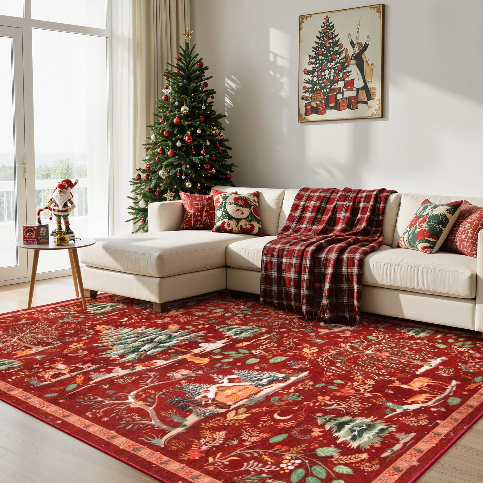 Wonnitar Christmas 8x10 Area Rug, Washable Soft Large Rug for Living Room, Non Slip Low Pile Bedroom Rug Xmas Tree Indoor Floor Carpet for Dining Room Winter Holiday Decor, Red