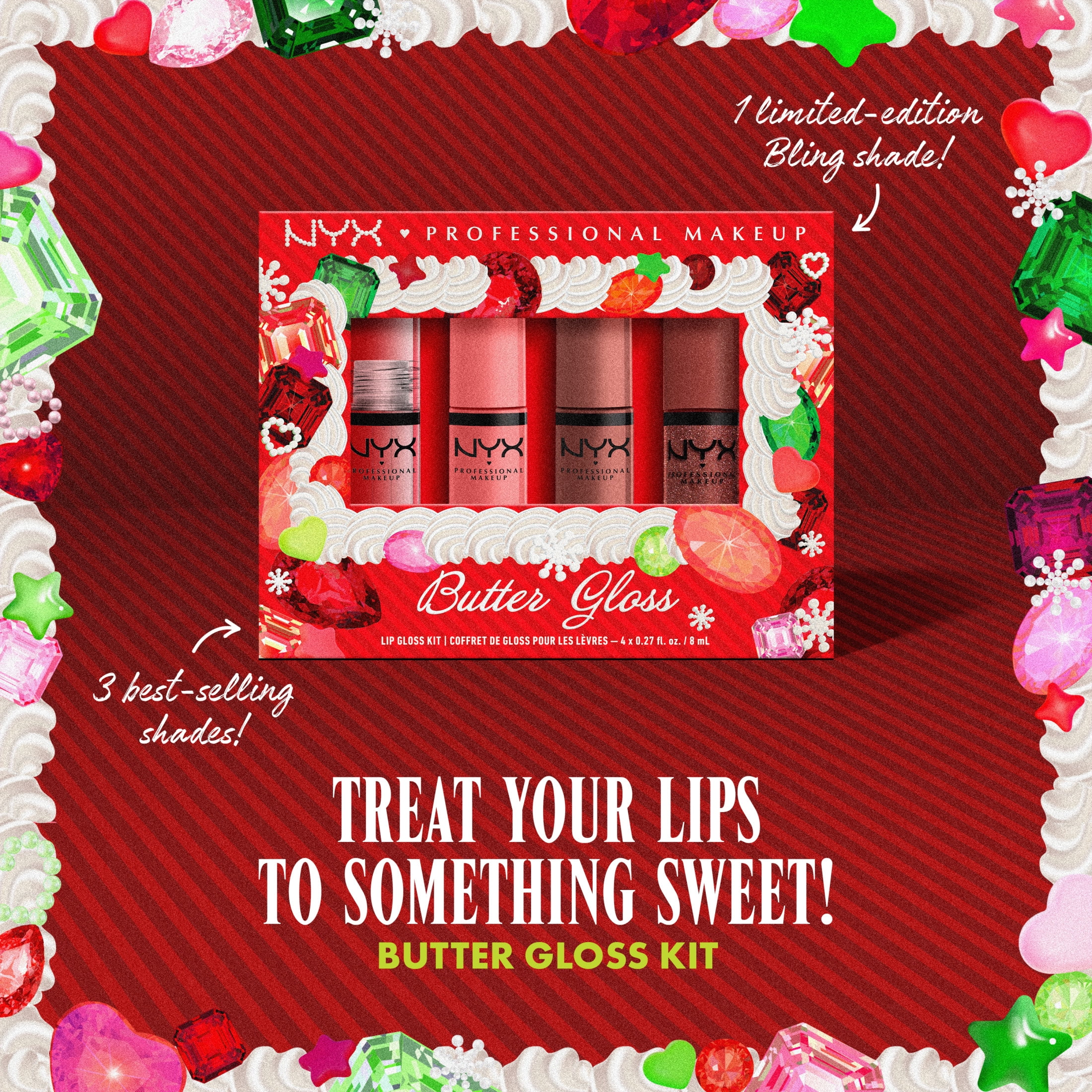 NYX Professional Makeup Holiday 2026 - Lip Makeup Butter Gloss Kit Holiday Limited Edition Set, Sugar Glass, Praline, and Creme Brulee, Bronze Rose Gem., 1 kit