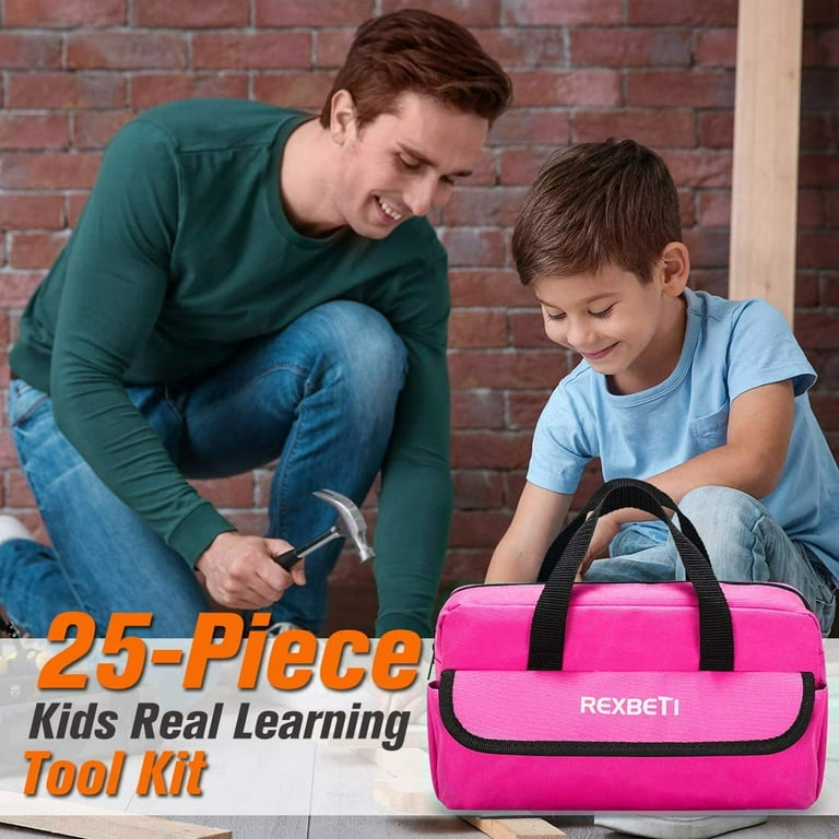REXBETI 25-Piece Kids Tool Set with Real Hand Tools, Pink Durable Storage  Bag, Children Learning Tool Kit for Home DIY and Woodworking 