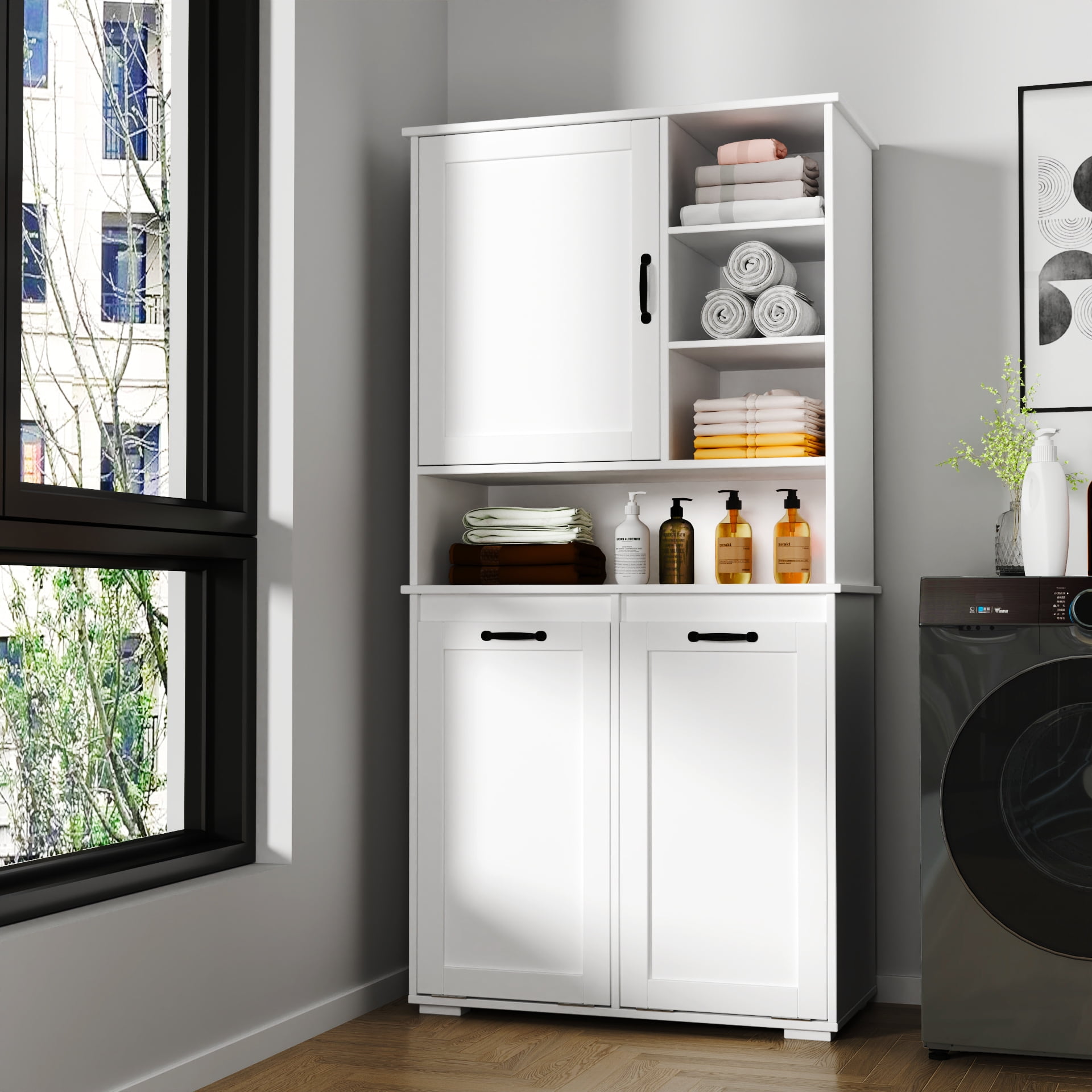 Mintazer 63" H Bathroom Storage Cabinet with 2 Tilt Out Laundry Hampers, Freestanding Laundry Cabinet with Adjustable Shelves, White