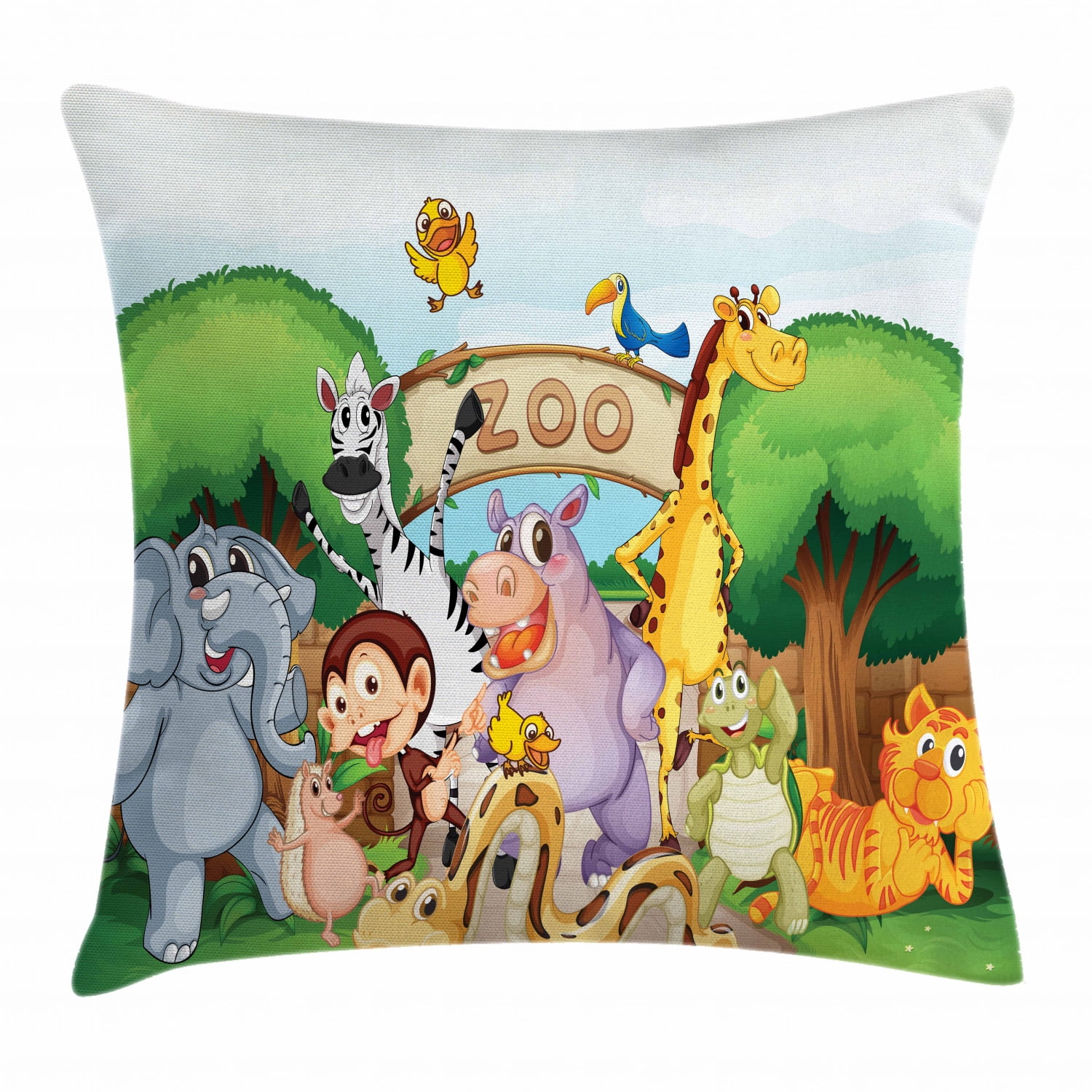Zoo Throw Pillow Cushion Cover, Zoo and The Animals in Beautiful Nature