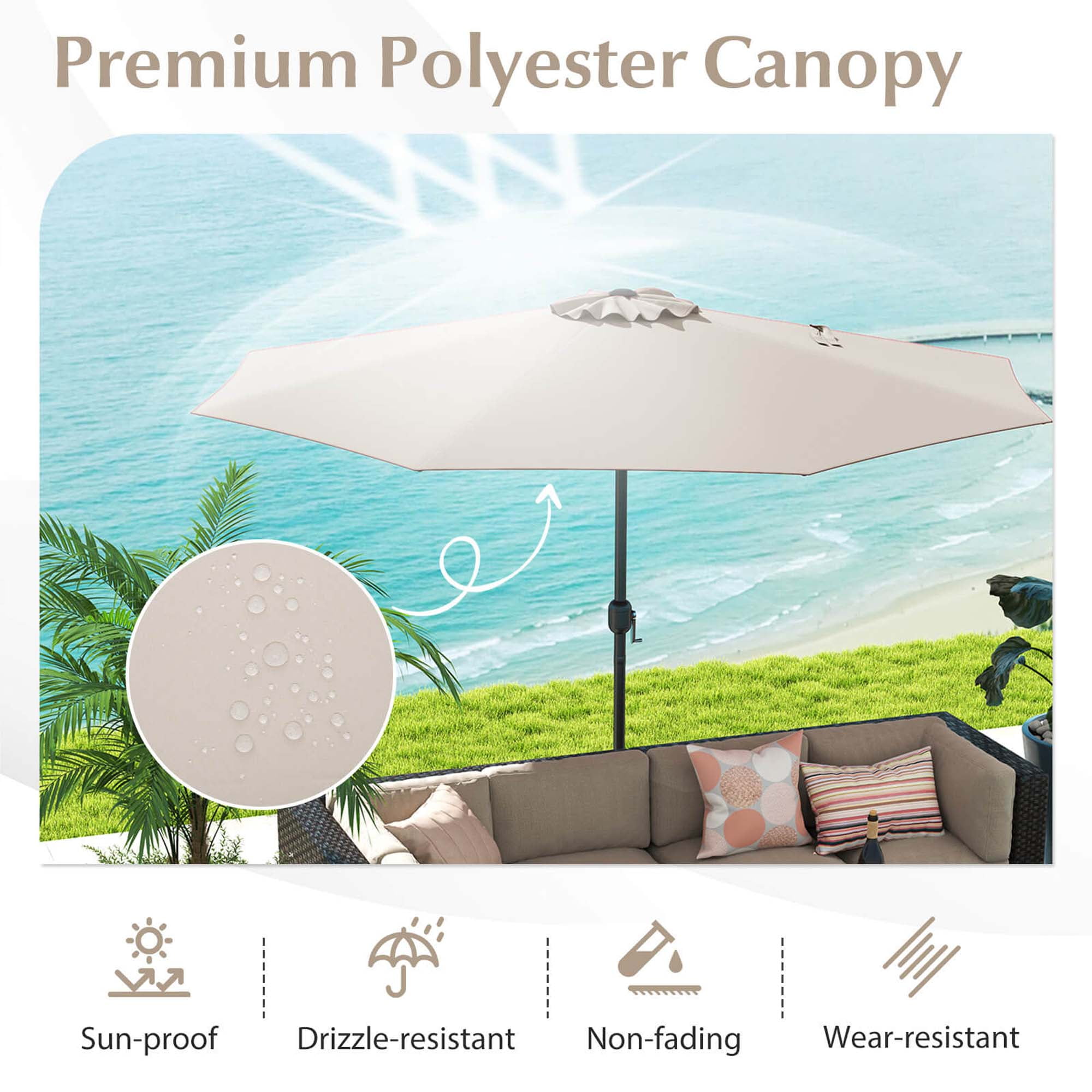 Costway 12 FT Patio Umbrella Outdoor Market Umbrella with Crank Handle 8 Sturdy Ribs Beige