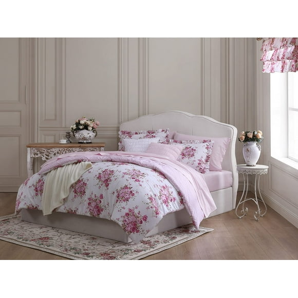 Shabby Chic - Queen Comforter Set, Reversible Cotton Bedding with Matching Shams, Elegant Floral Home Decor for All Seasons (Abby Pink, Queen)