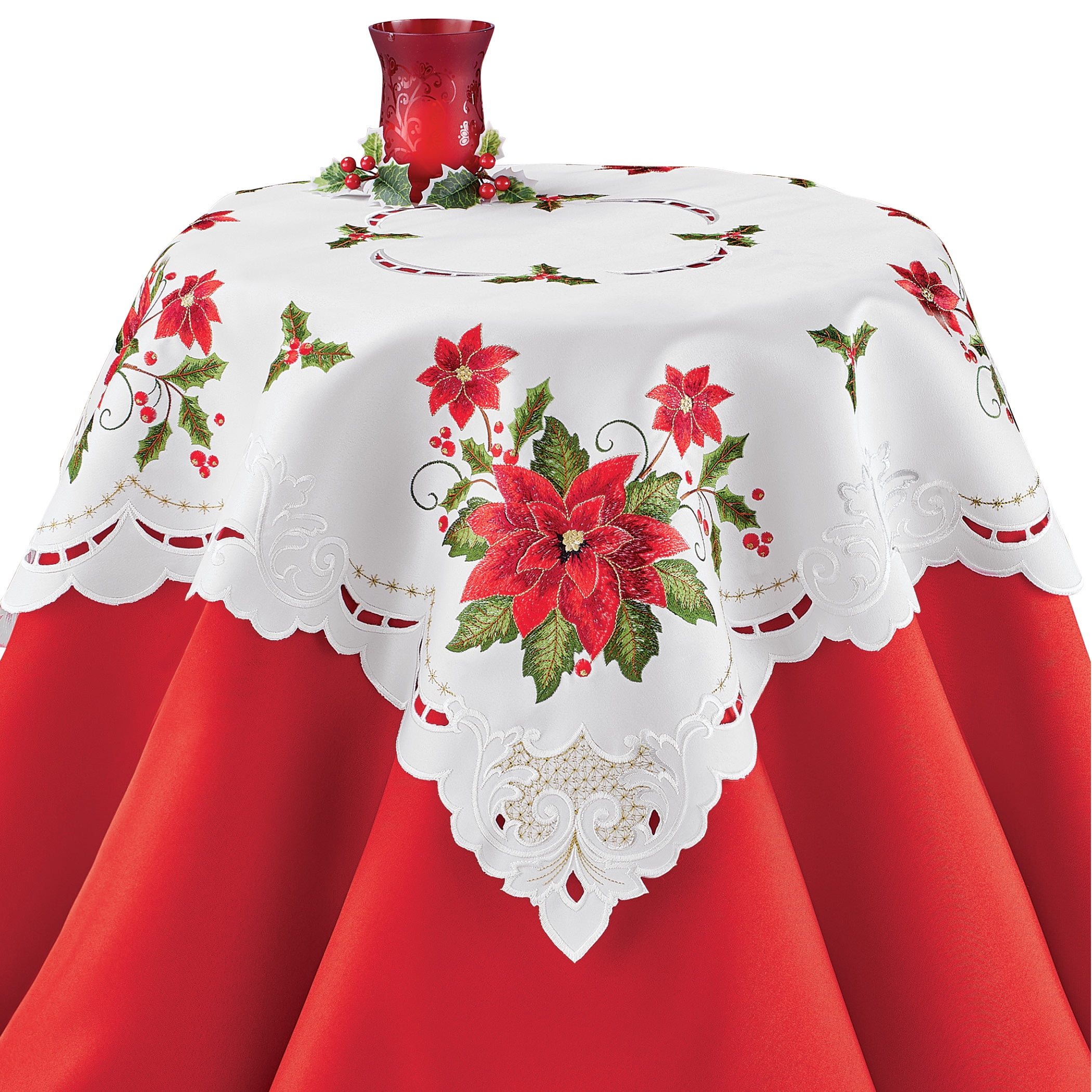 Christmas Poinsettia Holiday Tablecloth Bright Colorful Fowers Digital Printed 