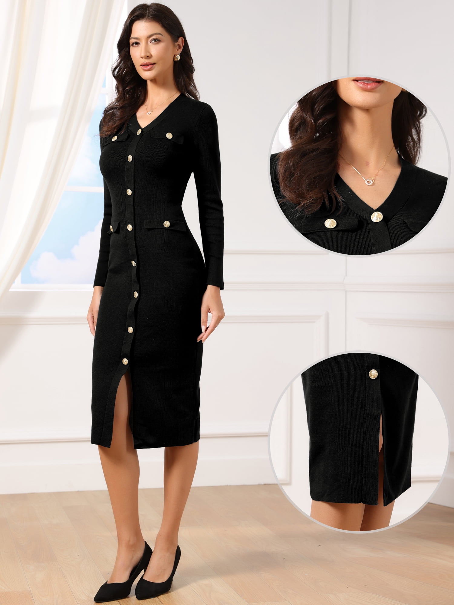 DARING DIVA Women's Bodycon Sweater Button Decor Knit Midi Dress S Black