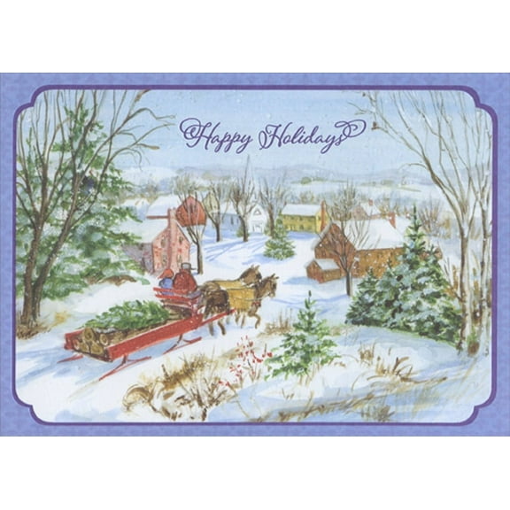 Designer Greetings Horse Drawn Sleigh in Blue Frame Box of 18 Christmas Cards