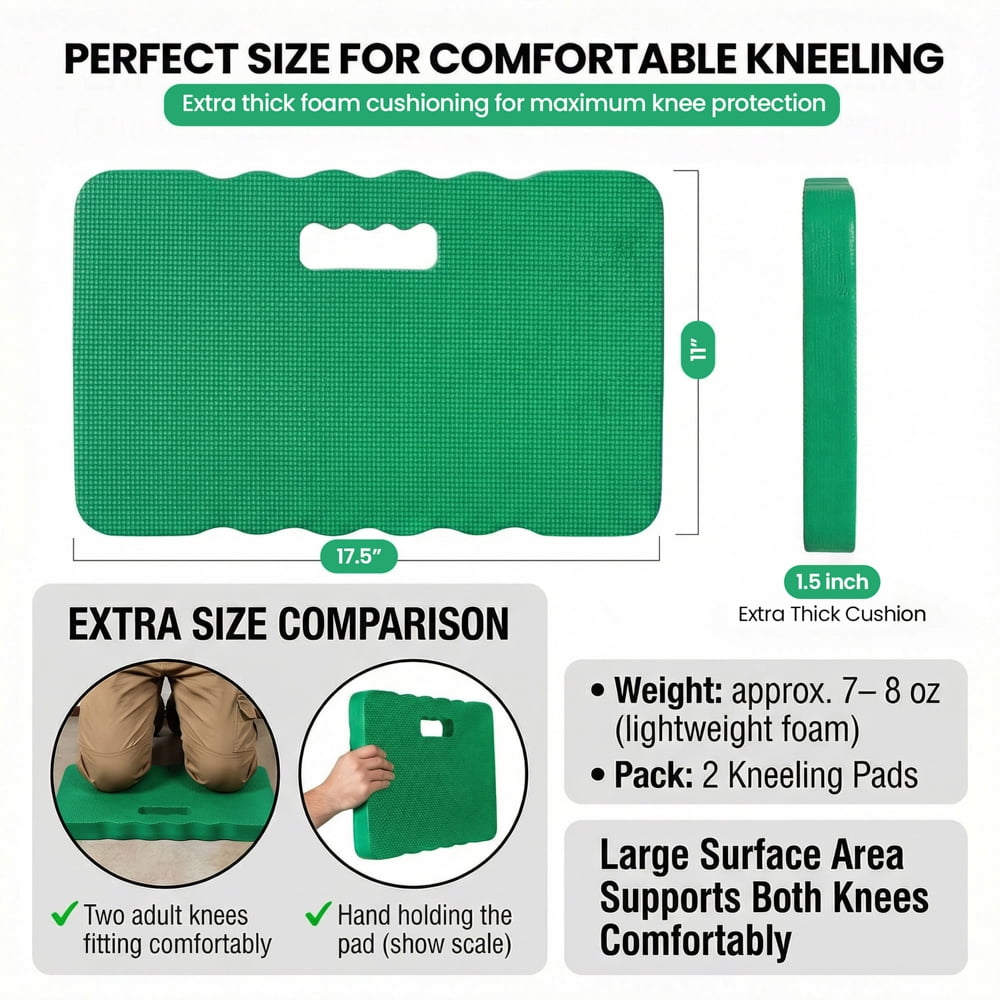 Extra Thick Foam Kneeling Pad for Gardening and Exercise Mat for Floor Work, Set of 2 Large Green
