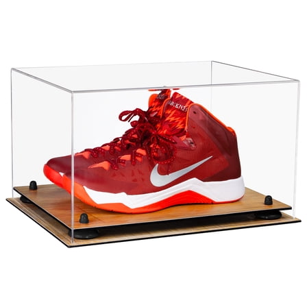 Deluxe Clear Acrylic Basketball Shoe Pair Display Case with Black Risers and Wood Floor (A082-BR)