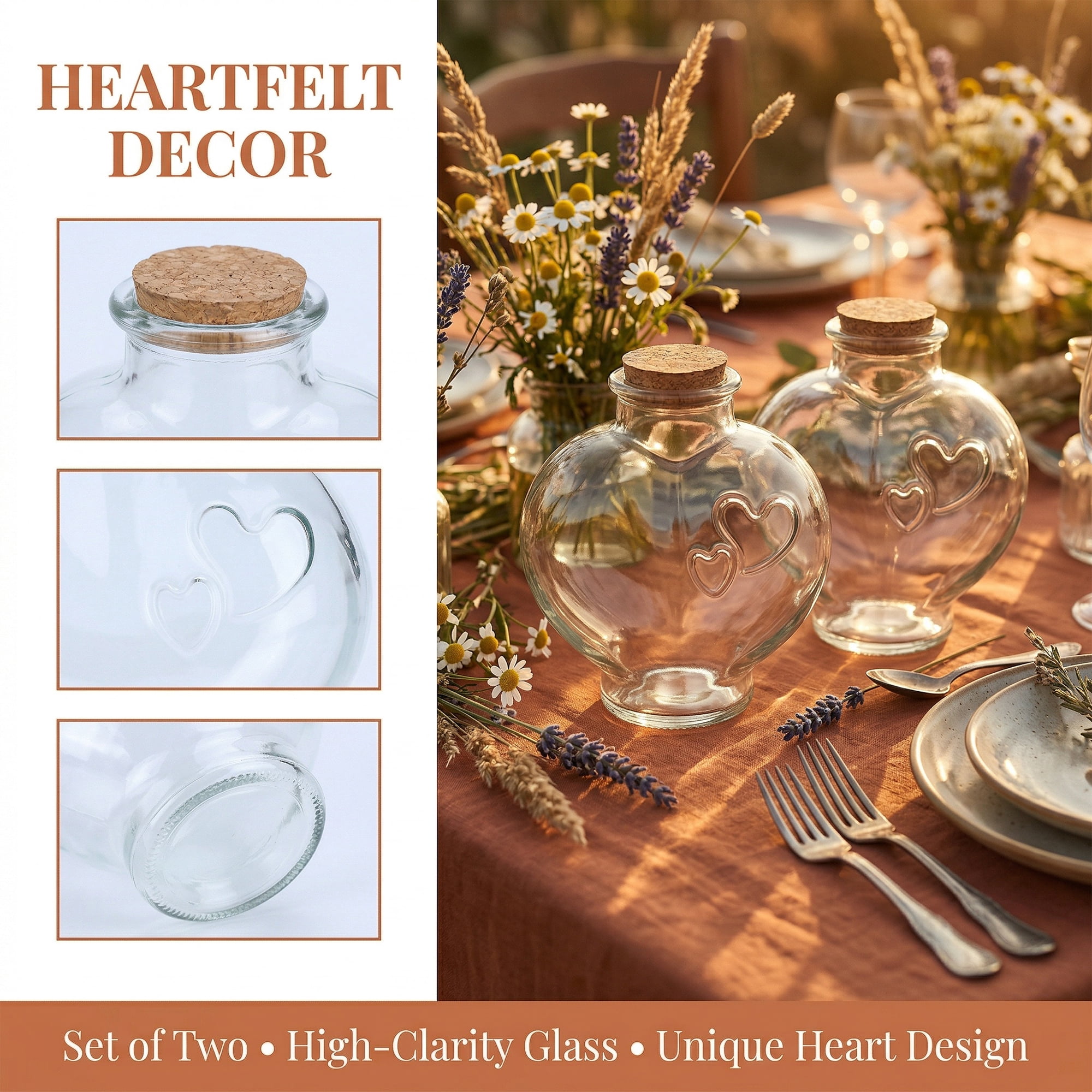 Unique Bargains 2pcs Glass Jars With Cork Stoppers Heart Shaped 5.4" x 5.4" x 5.7"
