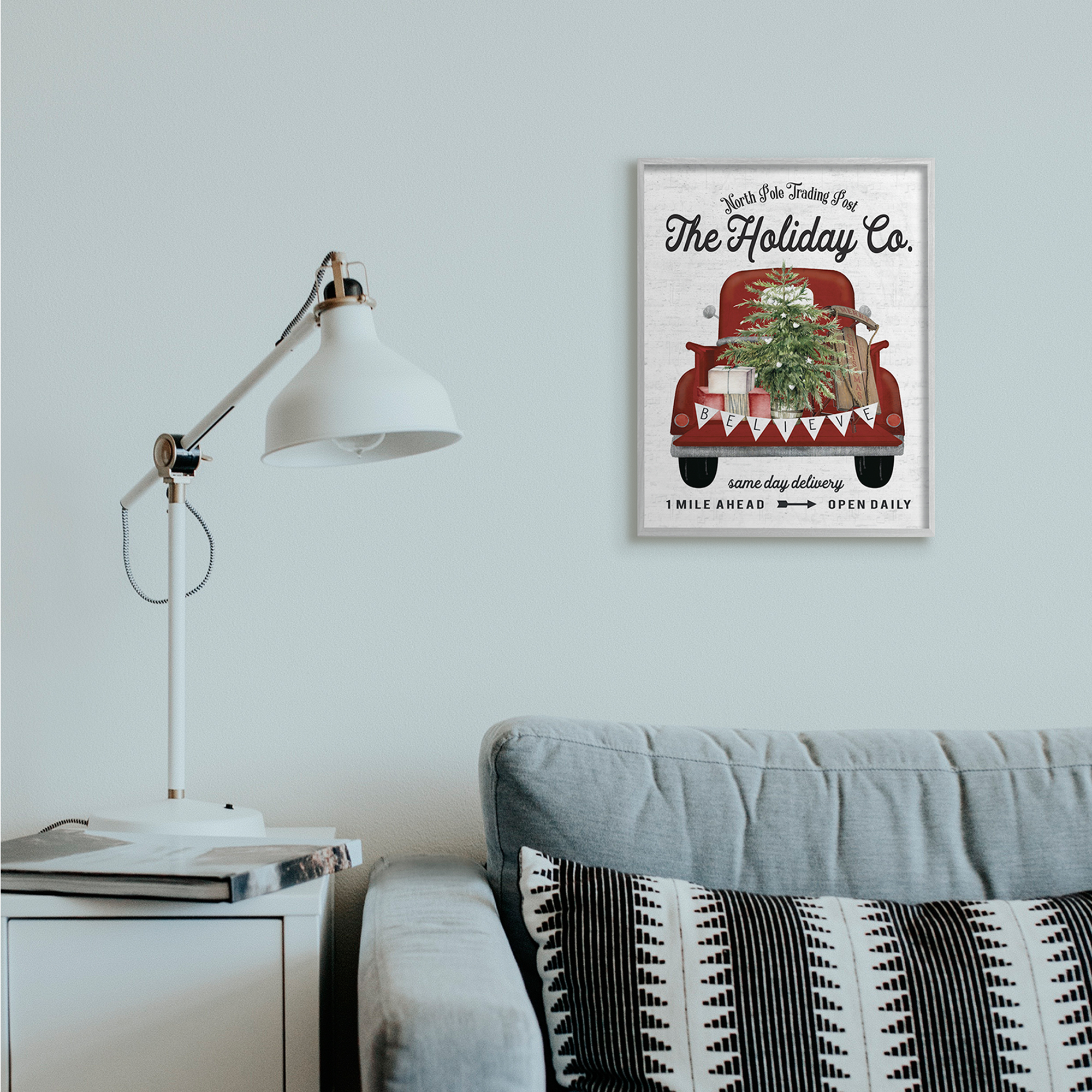 Stupell Industries Red Holiday Truck Winter Green Fir Tree Holiday Painting Gray Framed Art Print Wall Art, 16 x 20