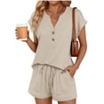 thumbnail image 2 of Women's Casual Cotton Linen Tracksuit Summer Short Sleeve Henley Top & High Waist Wide Leg Shorts Set Breathable Vacation Outfit 2026 Beige XXL, 2 of 7