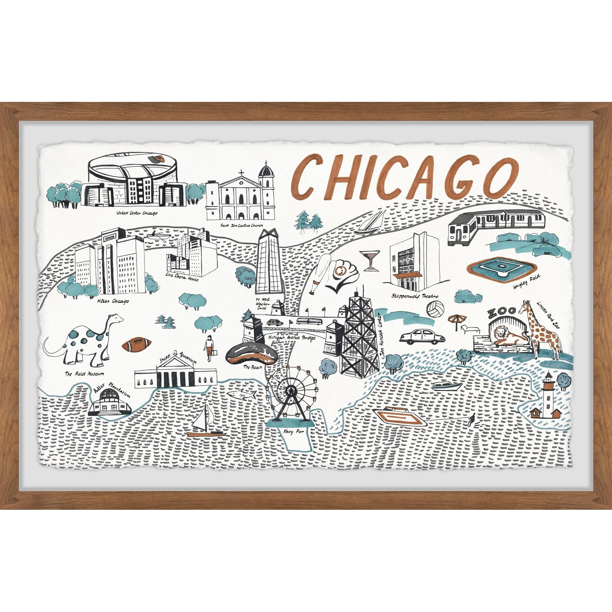 Marmont Hill Chicago Sites and Attractions Map II Framed Wall Art, 1.50" x 12.00"