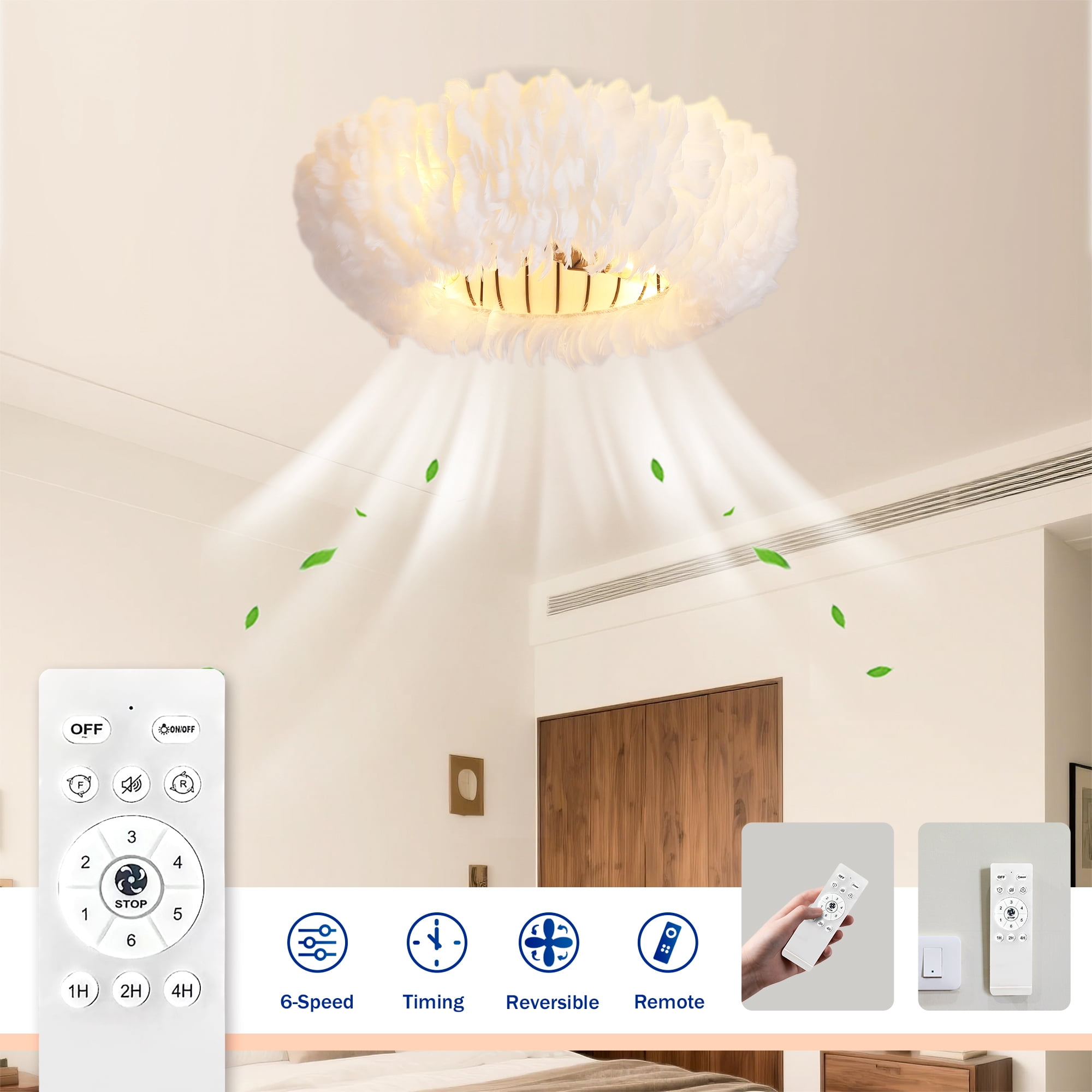 Leumius 20" Feather-Dressed Caged Ceiling Fans with Light and Remote Control, Chandelier Fan 6 Speed DC Motor Reversible Ceiling Fan for Living Room Bedroom (NOT Included Bulbs)